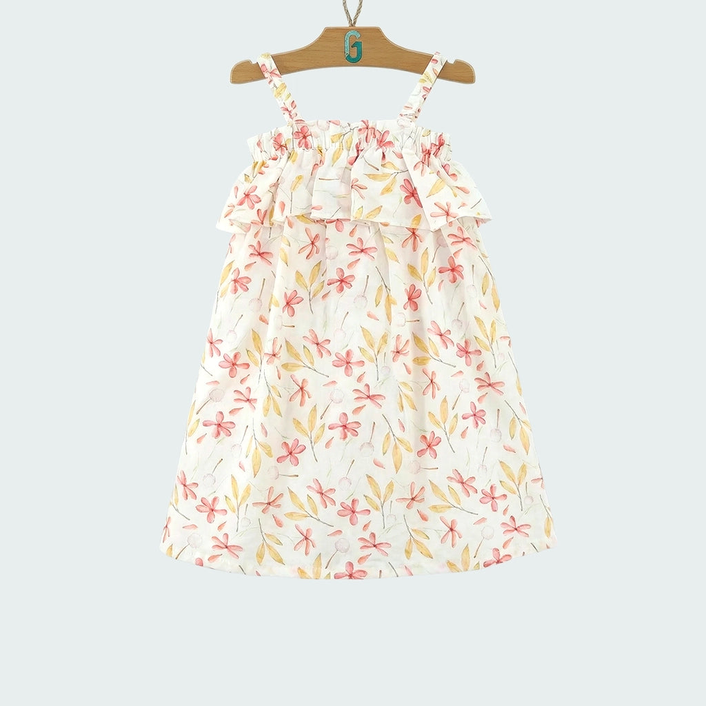 Dress White Pink Flowers Printed Strappy-27884