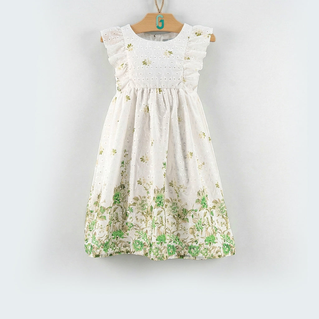 Dress off white - green flowers -28108