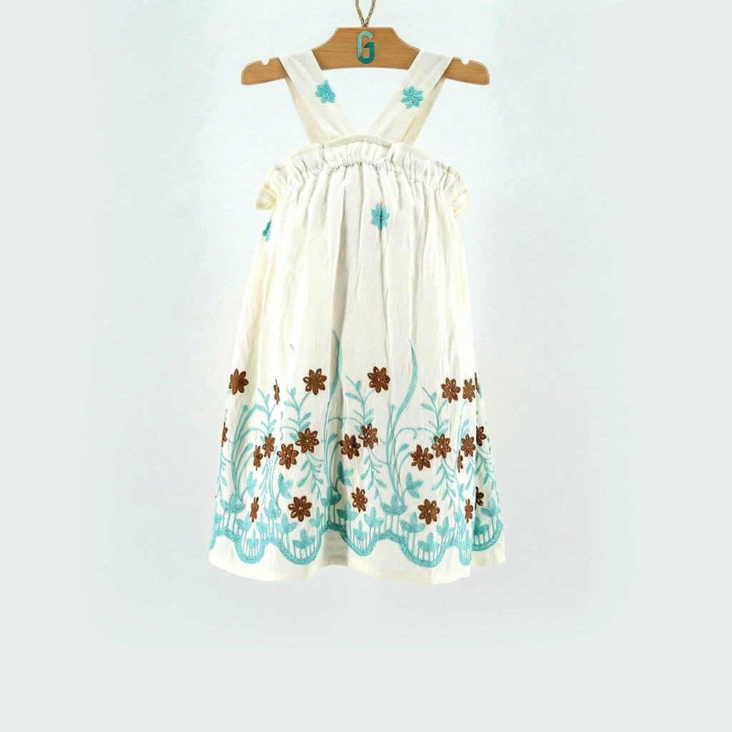 Dress off white - Brown,blue flowers-28109