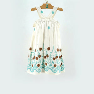 Dress off white - Brown,blue flowers-28109