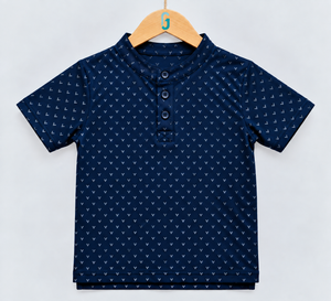 Chinese Collar T Shirt Navy Blue Printed - 27762