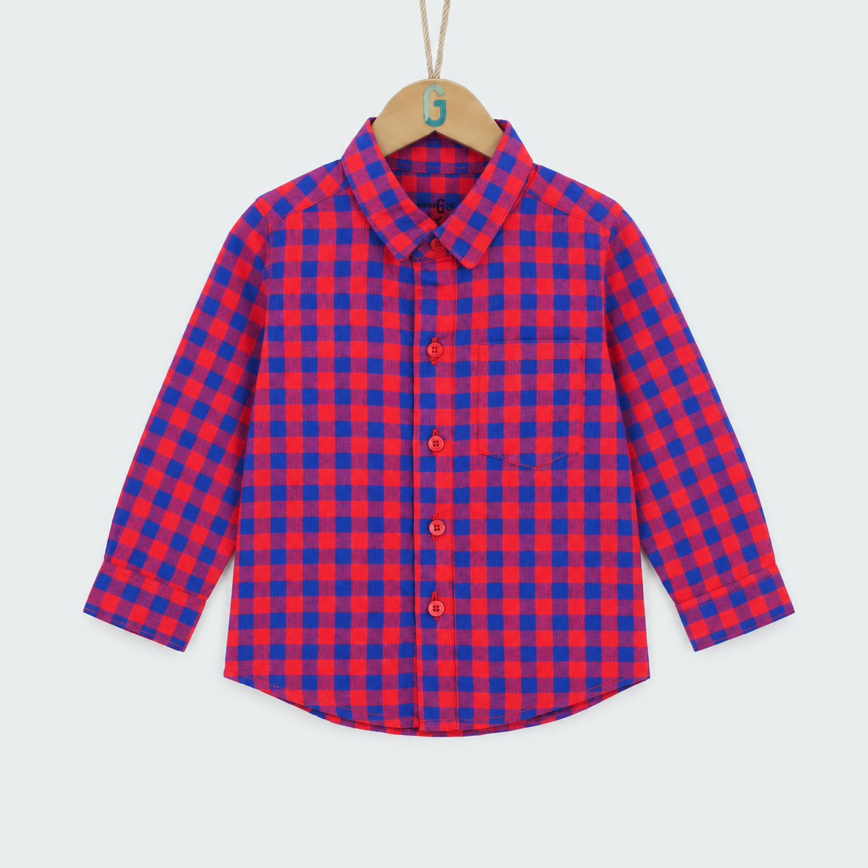 Shirt Linen Normal Collar L/S Checked Red and Blue - 28160