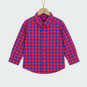Shirt Linen Normal Collar L/S Checked Red and Blue - 28160