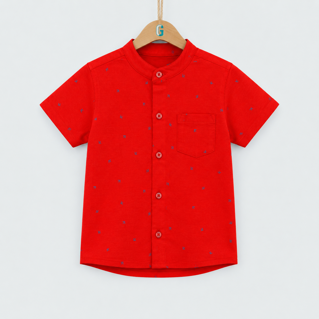 Chinese Collar Shirt Red With Grey Flower- 28171