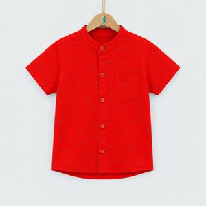 Chinese Collar Shirt Red With Grey Flower- 28171