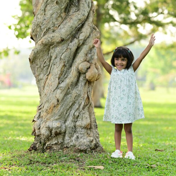 Dress White Olive Green Flowers Printed