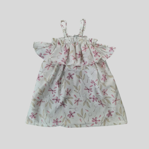 Dress White. Purple Flowers Printed Frill Sleeves